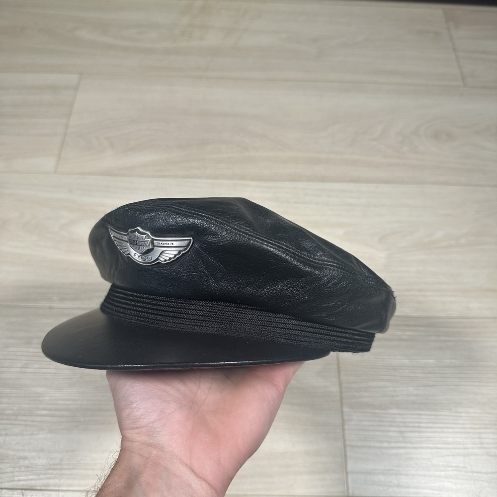Harley Davidson Vintage Genuine Leather Motorcycle Logo Captains Hat Size XL NWT
